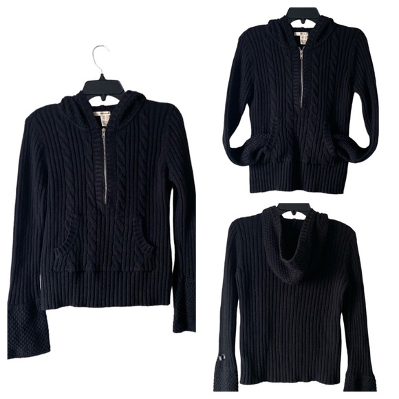 Dkny Sweaters - DKNY* Black Soft Cotton Hoodie Ribbed Cable Knit Sweater 1/4 Zip Size L